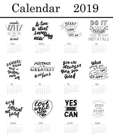 Calendar 2019 with motivational letteringのイラスト素材