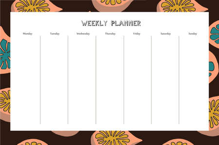 Weekly planner with fig pattern in hand drawn style. For print, office, school. Vector illustration