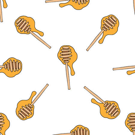 Honey spoon doodle seamless pattern in hand drawn style. Vector illustration. For cafe, bakery, textile designのイラスト素材