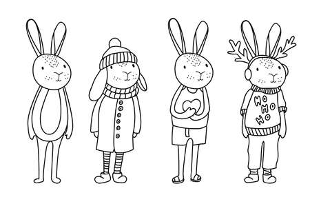 Funny bunny characters in cartoon style. Vector illustration.のイラスト素材