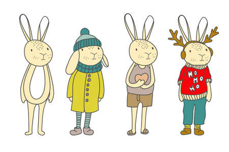 Funny bunny characters in cartoon style. Vector illustration.のイラスト素材