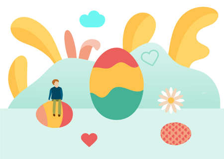 Happy Easter banner with young man and eggs in flat style. For web, ad, promotion and creative...