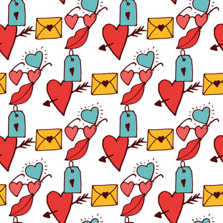 Happy Valentines day seamless pattern in hand drawn style. Vector illustrationのイラスト素材