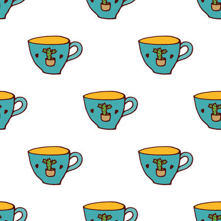 Tea cup seamless pattern in doodle style. Vector illustrationのイラスト素材