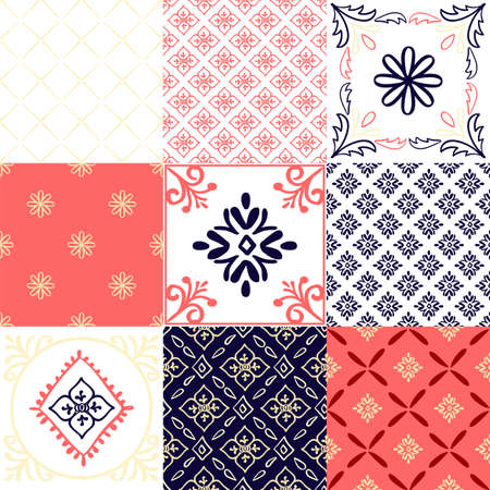 Abstract arabian tiles pattern with floral elements in doodle style
