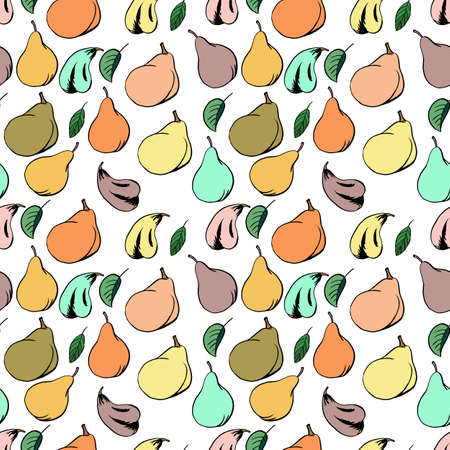Pear fruit seamless pattern in hand drawn style. Vector illustration. Perfect for print, kitchen,...