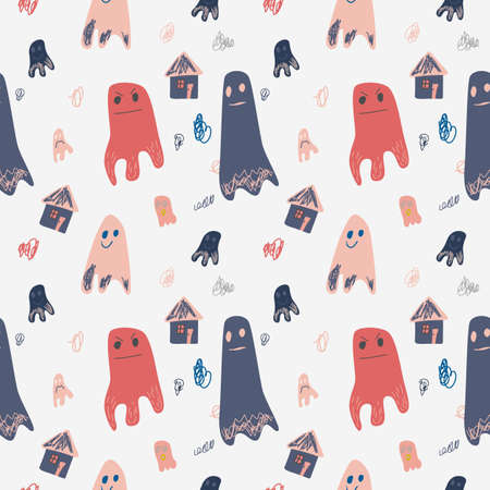 Seamless pattern with cute ghosts in doodle style. Vector illustrationのイラスト素材