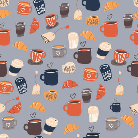Seamless pattern with ceramic mugs coffee cups in flat cartoon style. Vector illustrationのイラスト素材
