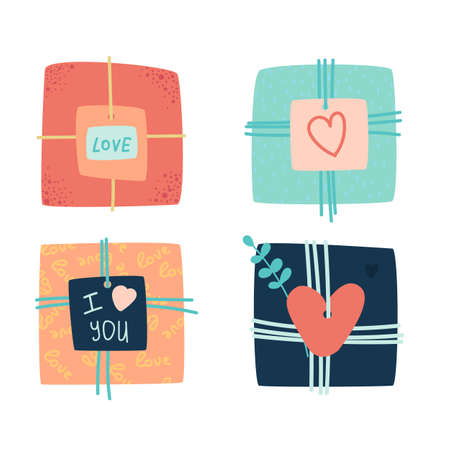 Gift box icons set in flat cartoon style - for event, birthday, wedding, Valentines day. Vector illustrationのイラスト素材