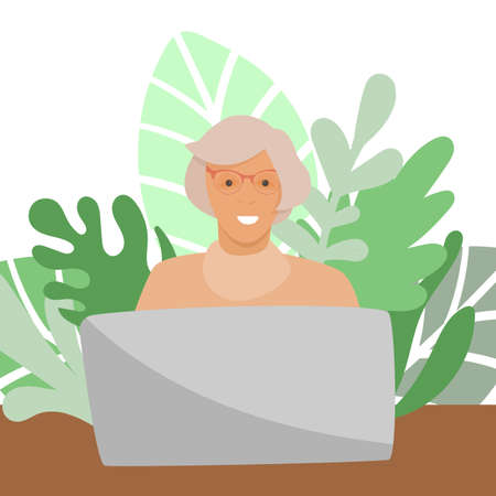 Happy grandma with laptop in cartoon styleのイラスト素材