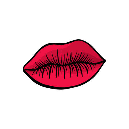 Red woman lips in cartoon style. Perfect for print, sticker, fashion. Vector illustrationのイラスト素材