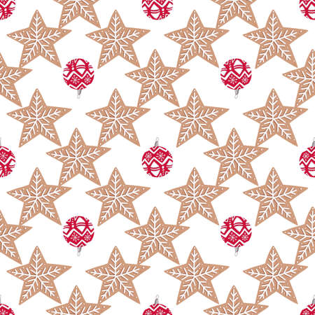 Christmas seamless pattern with stars and red tree toyのイラスト素材