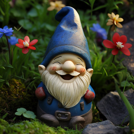 Garden gnome with flowers in the background, close-upの素材