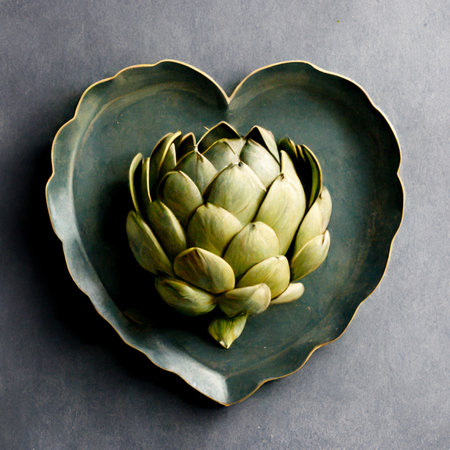 Artichoke on a plate in a heart shape, top viewの素材