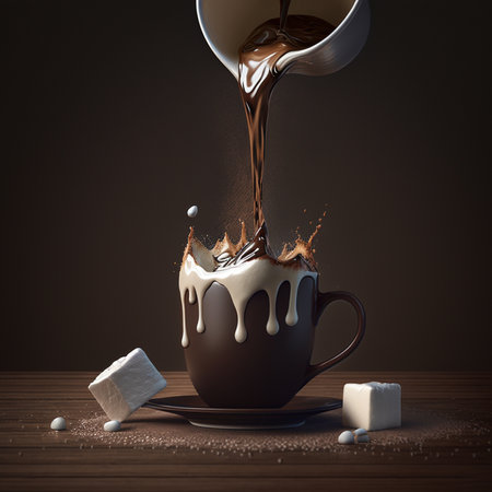 Brown hot chocolate bomb in white ceramic mug on white ceramic saucer side viewの素材