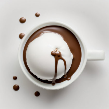 Cup of hot chocolate with whipped cream and chocolate balls on white backgroundの素材