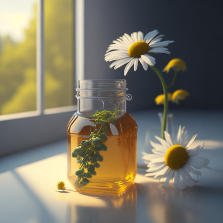 Tea with chamomille in glass jar on light kitchen near windowの素材