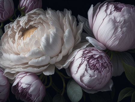 Beautiful floral background with peonies flowers and mysterious light. Baroque style of bouquetの素材