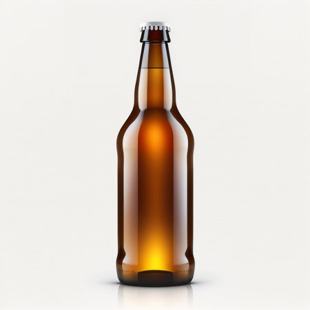 Brown beer bottle - glass packaging for cold drink. Front viewの素材