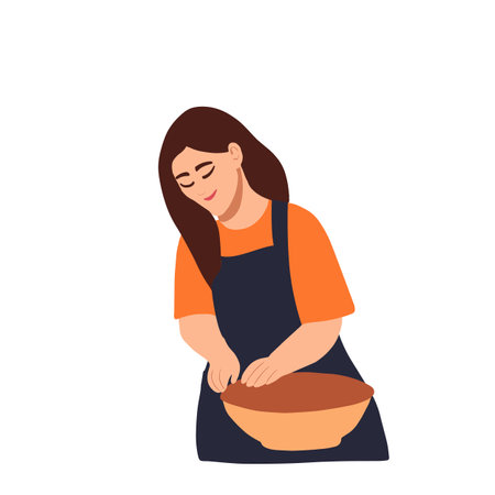 Young woman in apron making ceramic jar. Vector illustration.のイラスト素材