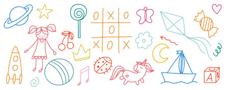 Daycare doodle icons set. Doodle kindergarten montessori toys for nursery, school. Vector illustrationのイラスト素材
