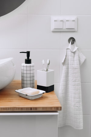 White bathroom interior with stylish accessories. High quality photoの写真素材