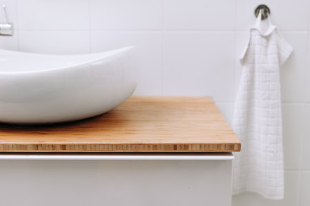 Stylish vessel sink close up with free space for cosmetics in stylish bathroom interior. High quality photoの写真素材
