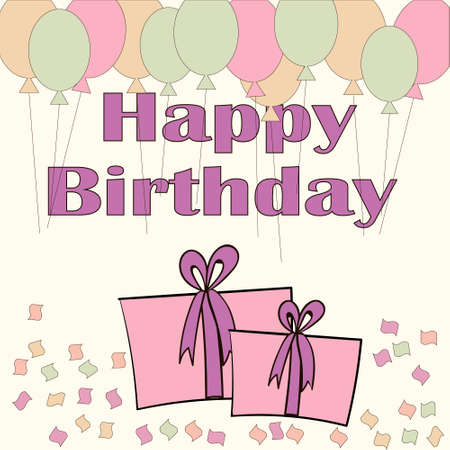 birthday card with cake flowers balloons, colorfulのイラスト素材