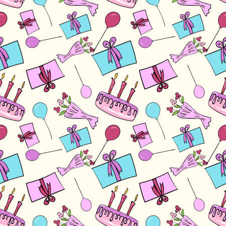 seamless pattern with cake balloons, presents, birthday pattern, colorfulのイラスト素材