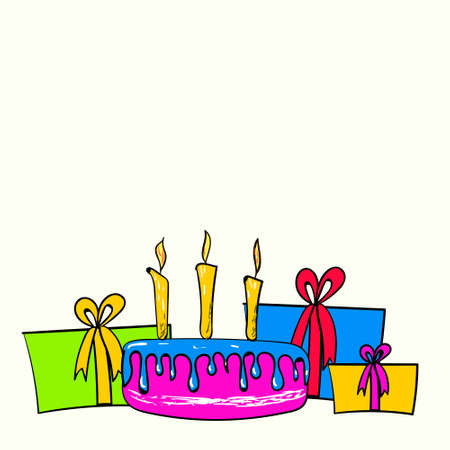 birthday card with cake flowers balloons, colorfulのイラスト素材