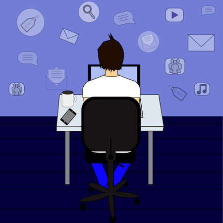 Business man or office worker sitting on a chair at the desk in the office,back view, flat designのイラスト素材