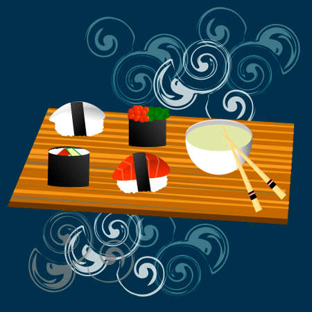 Sushi, Japanese food on a wooden background. Sushi rolls flat food and japanese seafood sushi rolls. Asia cuisine restaurant delicious. Sushi roll with salmon,のイラスト素材