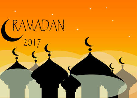 Ramadan Kareem greeting with mosque and calligraphy lettering which means Ramadan kareem on a cloudy nightのイラスト素材