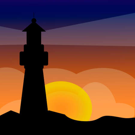 Lighthouse on ocean or sea beach cartoon background vector illustration. Lighthouse on coast of sea, structure of lighthouse on shoreのイラスト素材