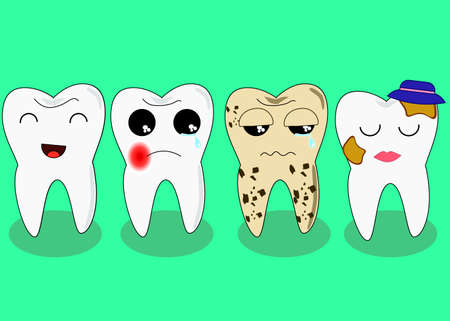 Bad teeth company. Problematic sick and unhealthy teeth concept. Funny cartoon characters.のイラスト素材