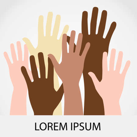 Raised hands up together with different skin tone of many peoples concept of democrazy, volunteer, or racial concept design by vector illustratorのイラスト素材