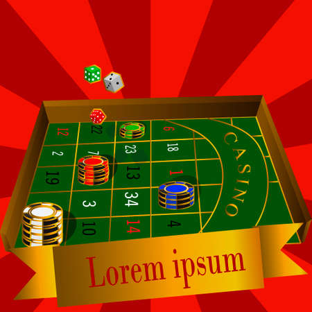Realistic casino elements: roulette, chips, gold coin stack, cards and dicesのイラスト素材