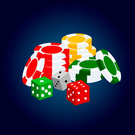 Realistic casino elements: roulette, chips, gold coin stack, cards and dicesのイラスト素材