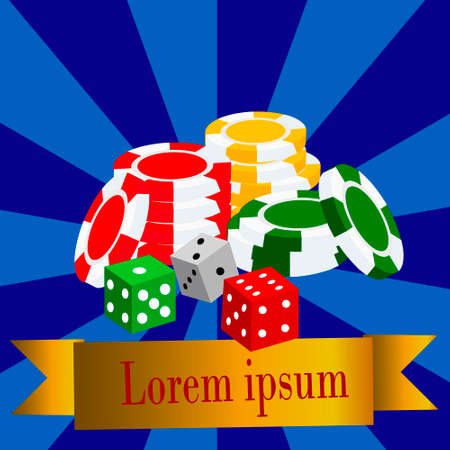 Realistic casino elements: roulette, chips, gold coin stack, cards and dicesのイラスト素材