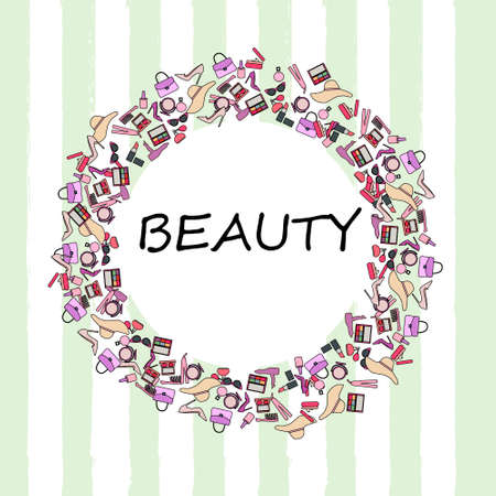 icons set of makeup products, female beauty accessories. Hand drawn realistic vector decoration with text lettering. Flat lay watercolor objects isolated on white backgroundのイラスト素材