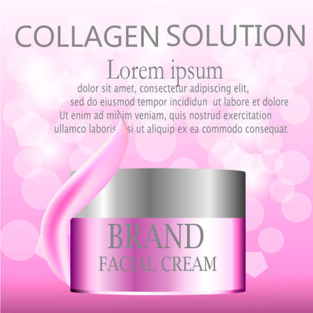 Premium VIP cosmetic ads, hydrating luxury facial cream for sale. Elegant soft color cream mask bottle isolated on glitter sparkles with pearls, gloss effect. 3D realistic vector illustration.のイラスト素材