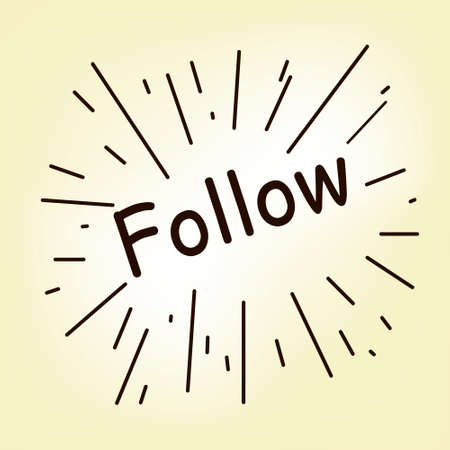 Follow us vintage banner for social networks. Flat vector illustration of retro advertising megaphone with handwritten lettering follow us and starburst in hipster style. Transparent megaphone iconのイラスト素材