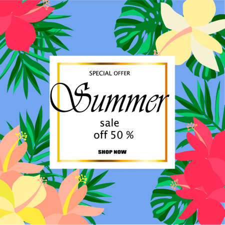 Summer sale Concept. Summer background with tropical flowers. Template Vector.のイラスト素材