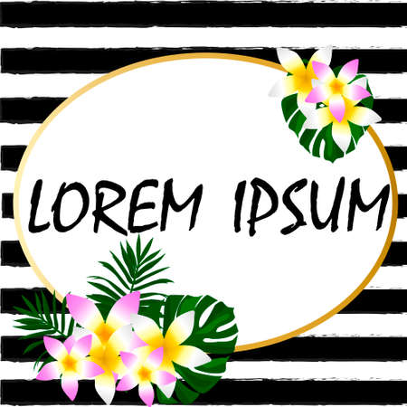Exotic tropical border frame template for corner decoration. Bright greenery jungle palm tree leaves. Pink plumeria and hibiscus flowers. Vintage banner element for invitation greeting card packaging.のイラスト素材