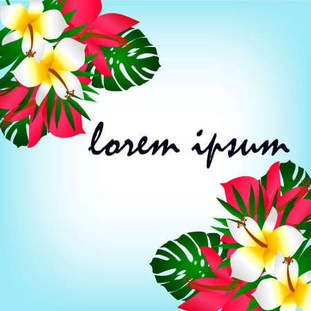 Exotic tropical border frame template for corner decoration. Bright greenery jungle palm tree leaves. Pink plumeria and hibiscus flowers. Vintage banner element for invitation greeting card packaging.のイラスト素材