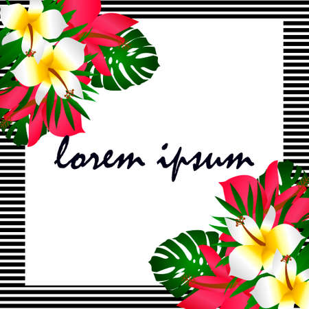 Exotic tropical border frame template for corner decoration. Bright greenery jungle palm tree leaves. Pink plumeria and hibiscus flowers. Vintage banner element for invitation greeting card packaging.のイラスト素材