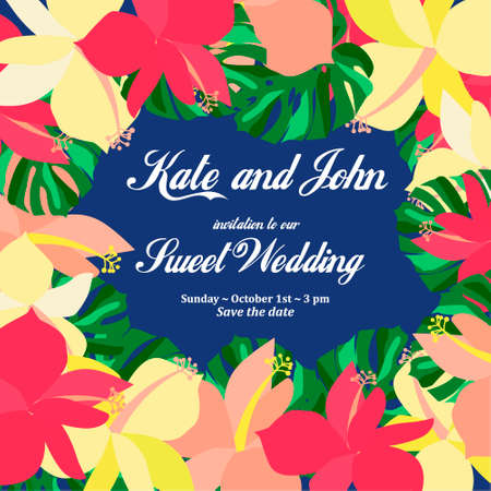Wedding Invitation Card. Tropical Flowers Background. Banana. Save the Date. Vectorのイラスト素材