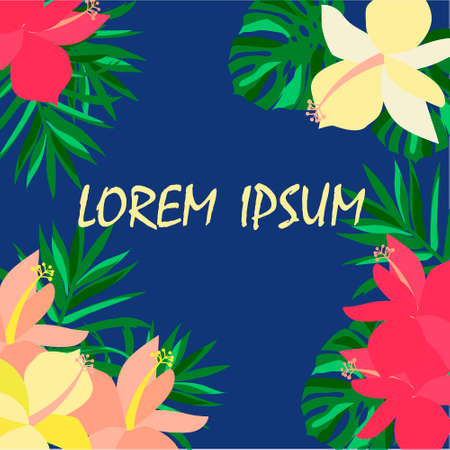 Exotic tropical border frame template for corner decoration. Bright greenery jungle palm tree leaves. Pink plumeria and hibiscus flowers. Vintage banner element for invitation greeting card packaging.のイラスト素材
