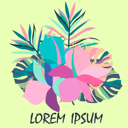vector bouquet with tropical flowers. Retro Hawaiian style floral arrangement, with beautiful hibiscus, palm, bird of paradise. Amazing vector illustrations, vintage style. Editable graphic elements.のイラスト素材