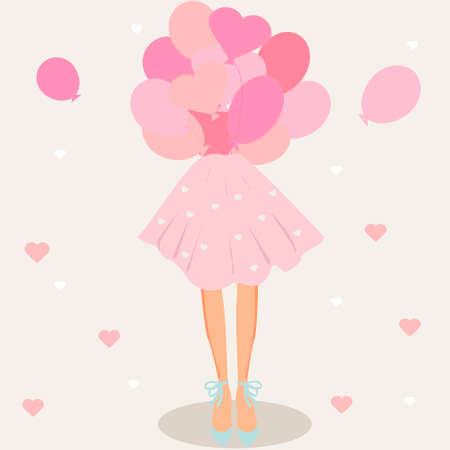 Cute curly girl with balloons, isolated vector illustrationのイラスト素材